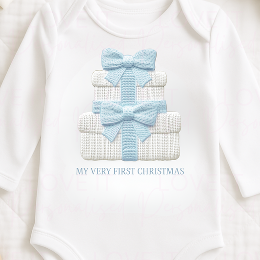 First Christmas Blue Knitted Effect Baby Bodysuit - Short/Long Sleeve