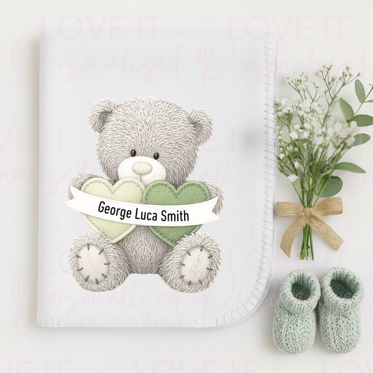 Personalised Bear White Baby Blanket - Blue/Pink/Green