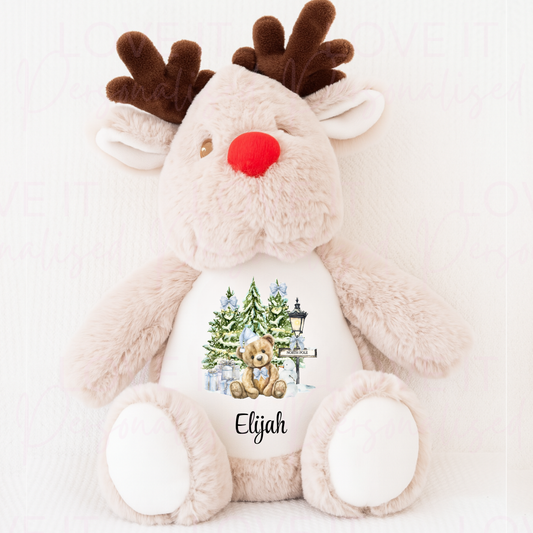Personalised Christmas Reindeer Teddy - Pink/Blue Bear Scene Design