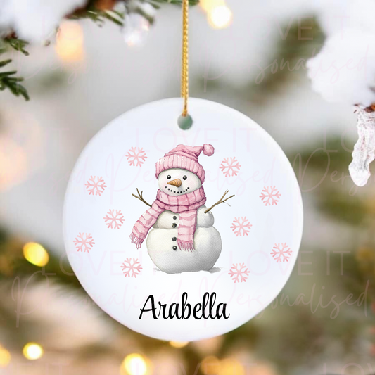 Personalised Christmas Ceramic Ornament - Pink/Blue Snowman Design