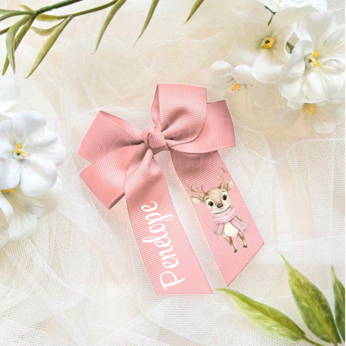 Personalised Christmas Hair Bow - Pink/Red Reindeer