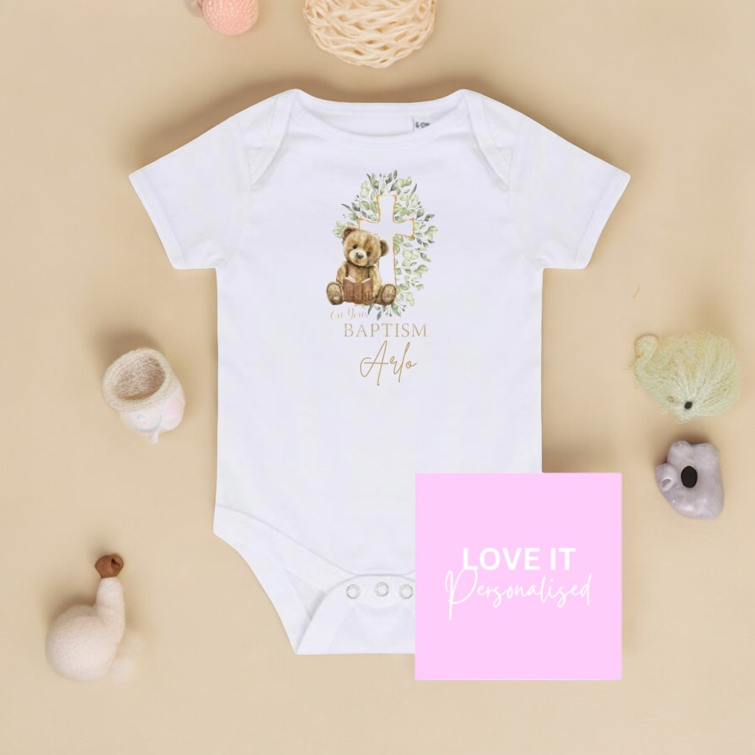 Personalised Baptism Bodysuit/Babygrow - Bear Cross Design