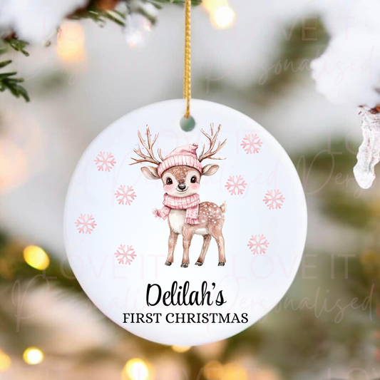Personalised First Christmas Ceramic Ornament - Pink/Blue Baby Reindeer Design
