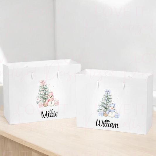Personalised Christmas Gift Bag - Pink Or Blue Snowman Design