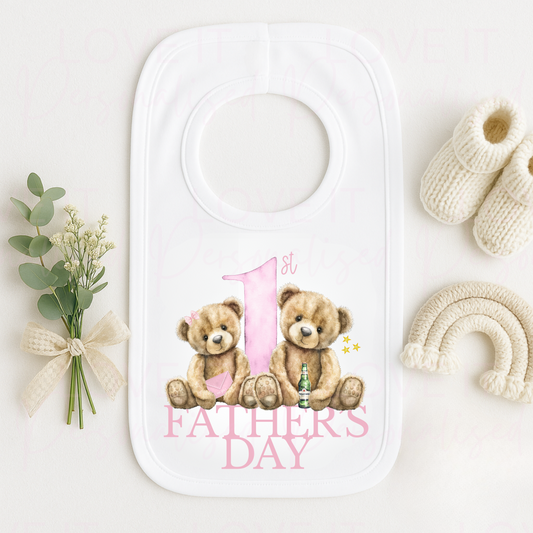 1st Father's Day Bear Baby Bib/Bodysuit/Sleep Suit - Pink/Blue