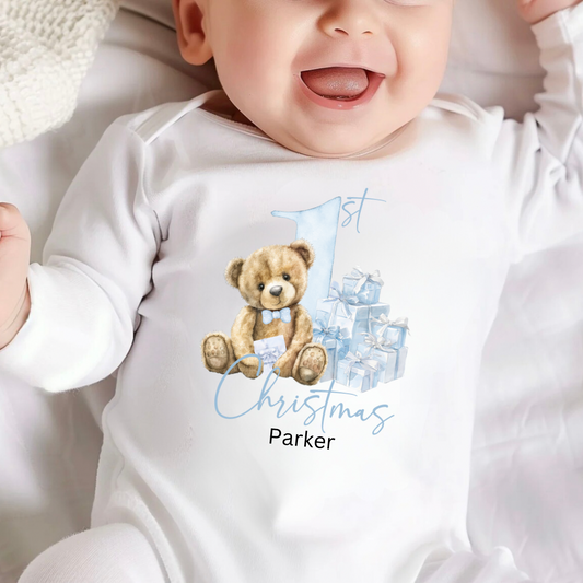 Personalised Christmas Bodysuit/Babygrow - Pink/Blue 1st Christmas Bear Design