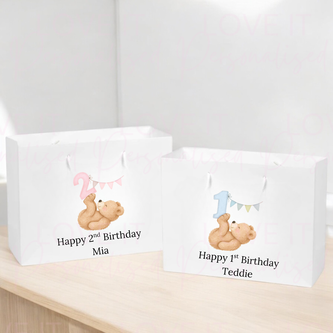 Personalised Birthday Gift Bag - Bear Number Design Pink/Blue