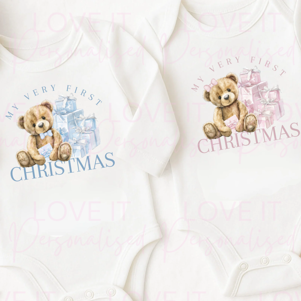 First Christmas Pink/Blue Bear Baby Bodysuit - Short/Long Sleeve