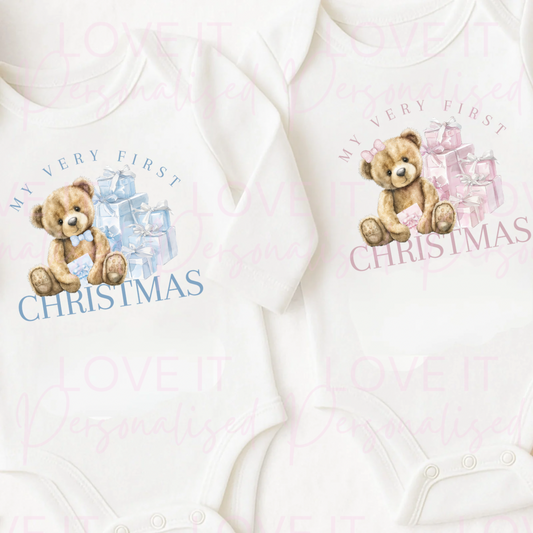 First Christmas Pink/Blue Bear Baby Bodysuit - Short/Long Sleeve