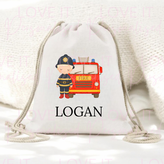 Personalised Firemen Children’s Drawstring Pe/Swim Bag - Changeable Hair Colour/Skin Tone