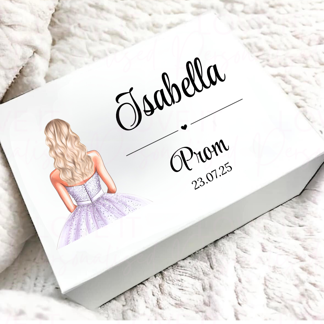 Personalised Prom Magnetic Gift/Memory Box - Changeable Dress Colours and Hair Styles