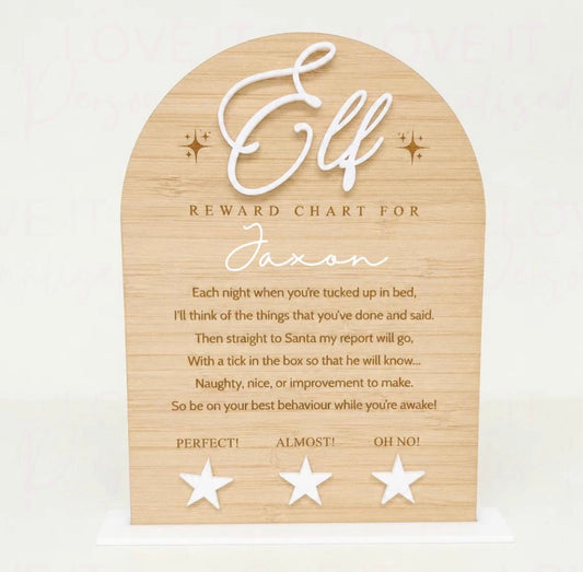 Personalised Oak Wooden Elf Reward Chart - Elf Report
