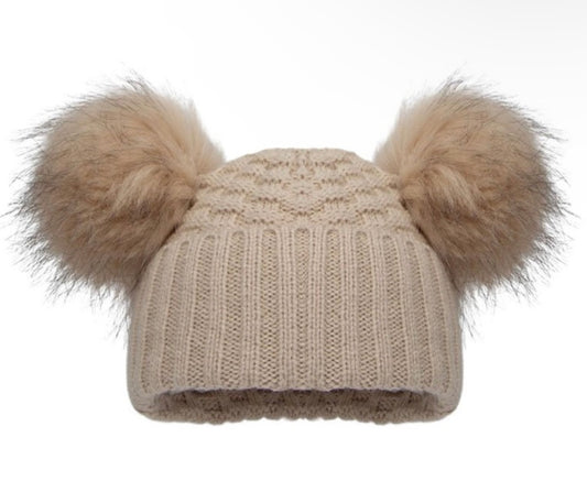 Beige Double Pom Hat - Plain