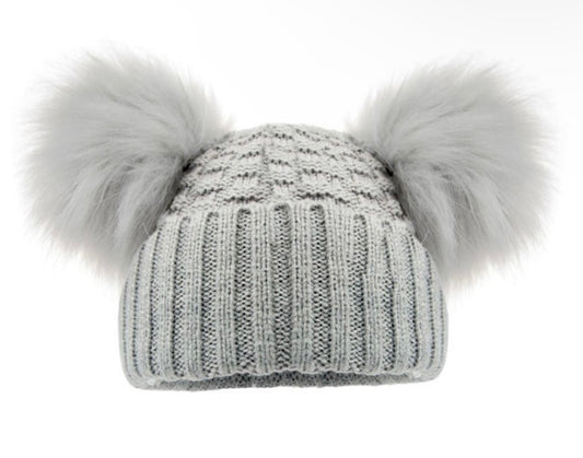 Grey Double Pom Hat - Plain