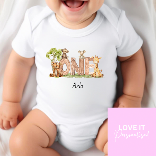 Personalised Birthday Bodysuit/Babygrow - ‘One’ Animal Design