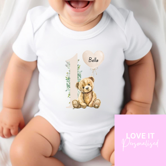 Personalised Birthday Bodysuit/Babygrow - Bear Number ‘1’ Design