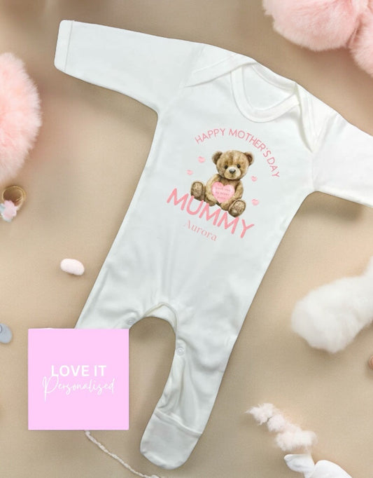 Personalised Bodysuit/Babygrow - Pink Mother’s Day Bear Design