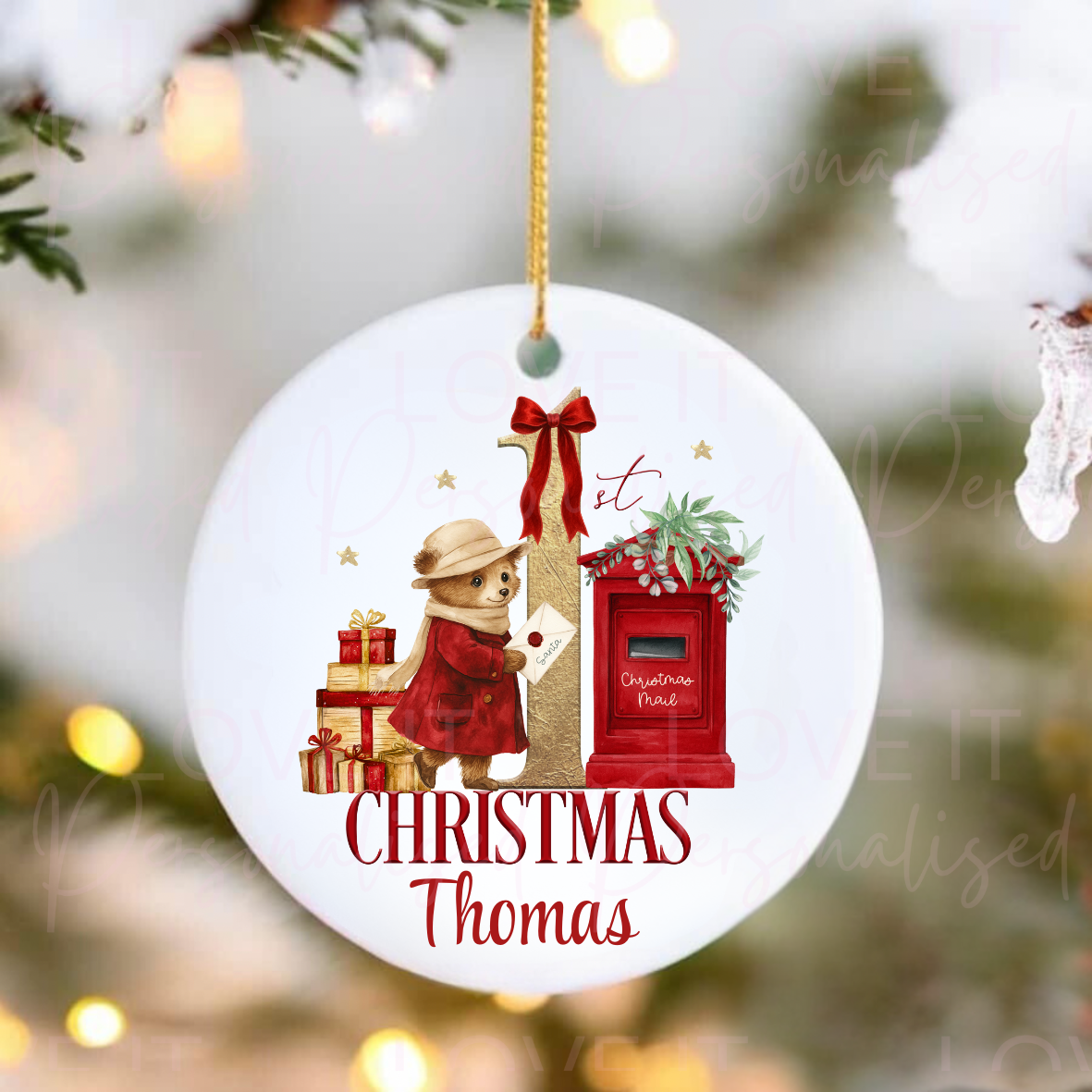 Personalised First Christmas Ceramic Ornament - Red Bear/Bunny Design