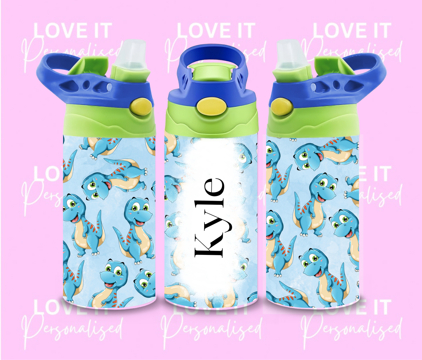 Personalised Blue Dinosaur Children’s Water Bottle (different lid colours)