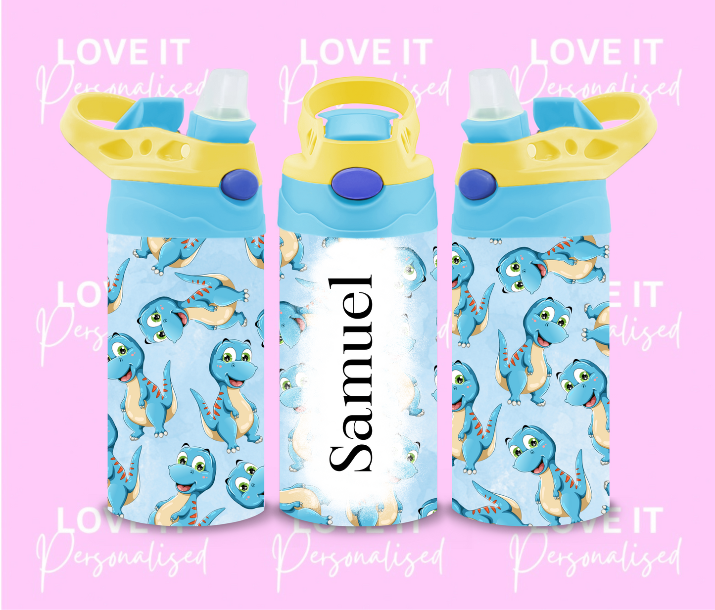 Personalised Blue Dinosaur Children’s Water Bottle (different lid colours)