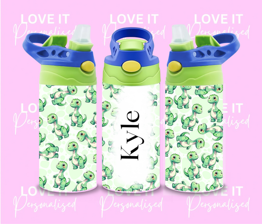 Personalised Green Dinosaur Children’s Water Bottle (different lid colours)