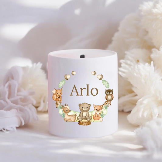 Personalised Woodland Wreath Money Box