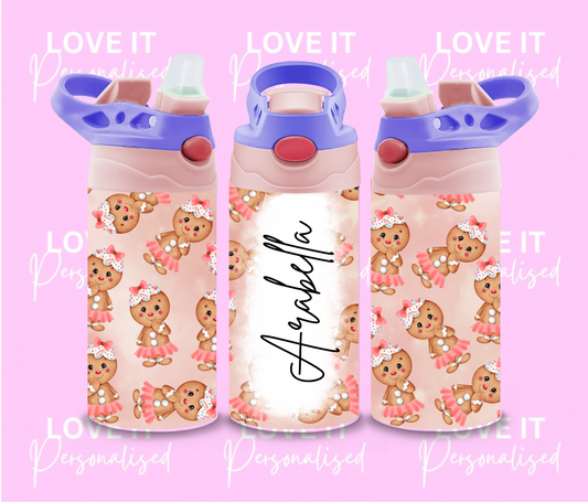 Personalised Christmas Water Bottle - Gingerbread Design (different lid colours)