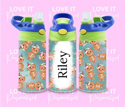 Personalised Christmas Water Bottle - Gingerbread Design (different lid colours)