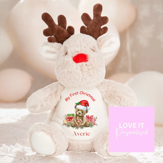 Personalised Reindeer Teddy - 1st Christmas Bear Design