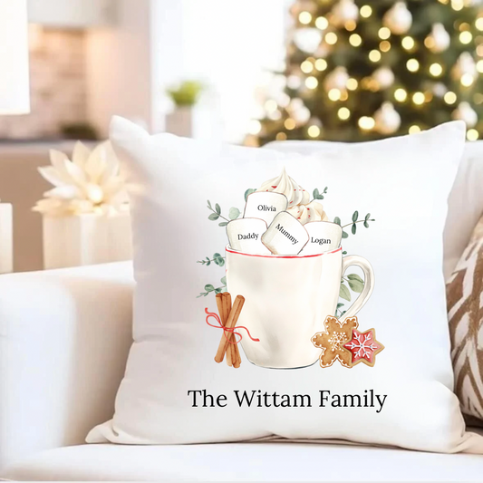Personalised Christmas Cushion - Marshmallow Mug Design (up to 5 names)