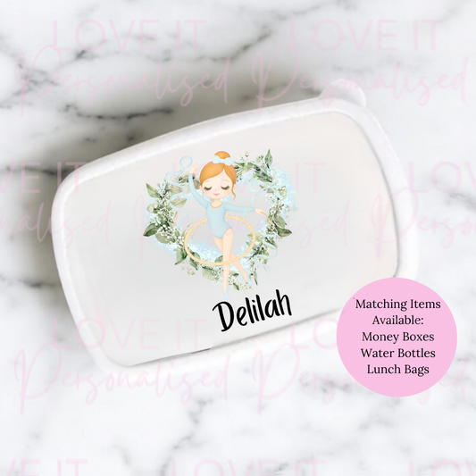 Personalised Gymnastic Lunch/Snack Box - Changeable Hair Colour/Skin Tone
