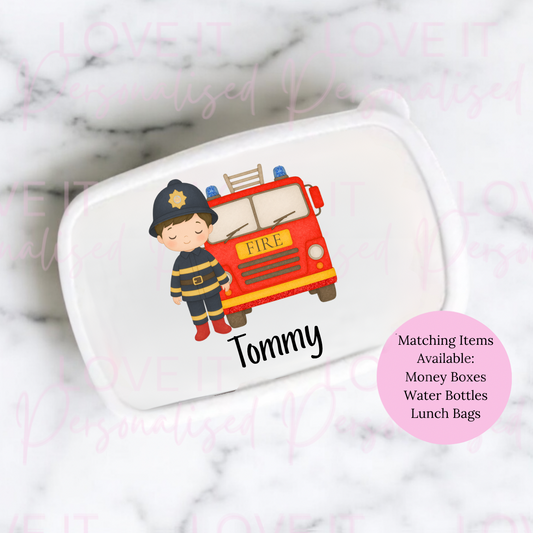 Personalised Fireman Lunch/Snack Box - Changeable Hair Colour/Skin Tone