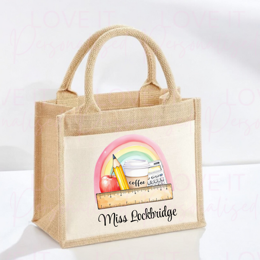 Personalised Rainbow Teacher Jute Tote Bag