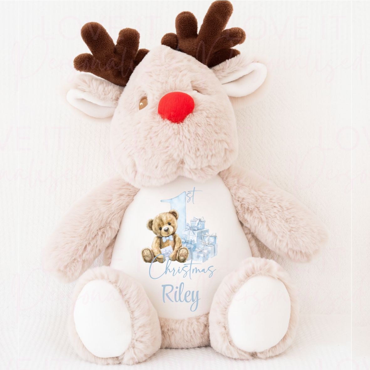 Personalised Reindeer Teddy - Pink/Blue Bear 1st Christmas Design
