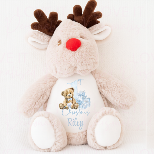 Personalised Reindeer Teddy - Pink/Blue Bear 1st Christmas Design