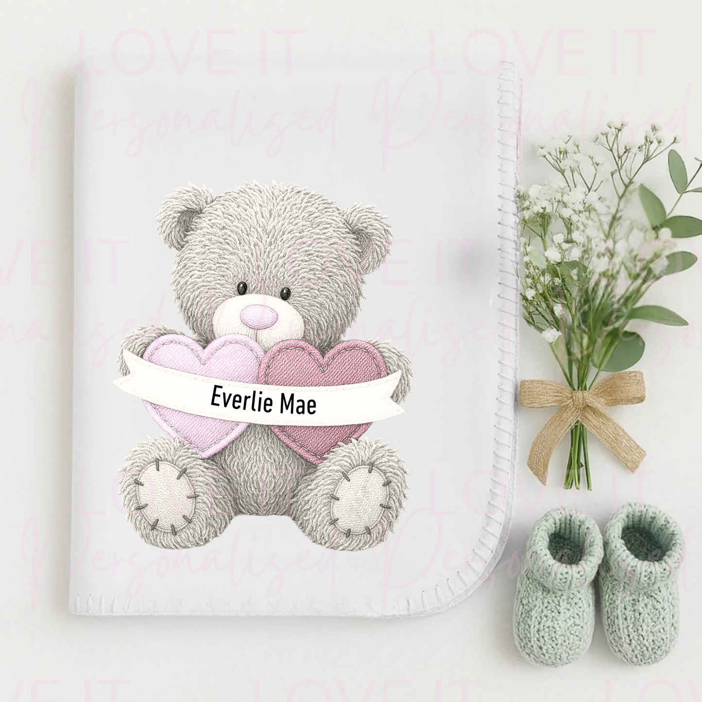 Personalised Bear White Baby Blanket - Blue/Pink/Green