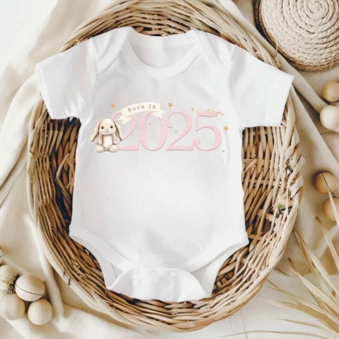 Born in 2025 Pink Rabbit Baby Bodysuit