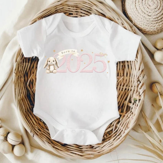 Born in 2025 Pink Rabbit Baby Bodysuit