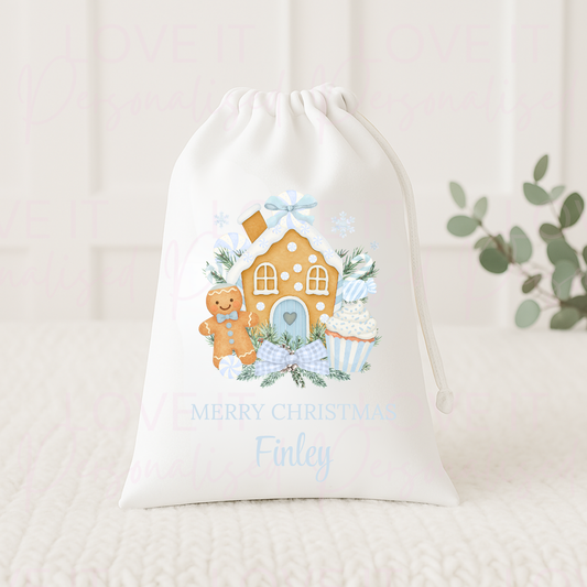 Personalised Christmas Eve Bag/Perfect for Pyjamas - Pink/Blue Gingerbread House Design