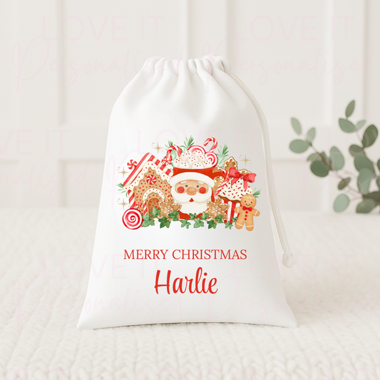 Personalised Christmas Eve Bag/Perfect for Pyjamas - Pink/Red Gingerbread Bakery Design