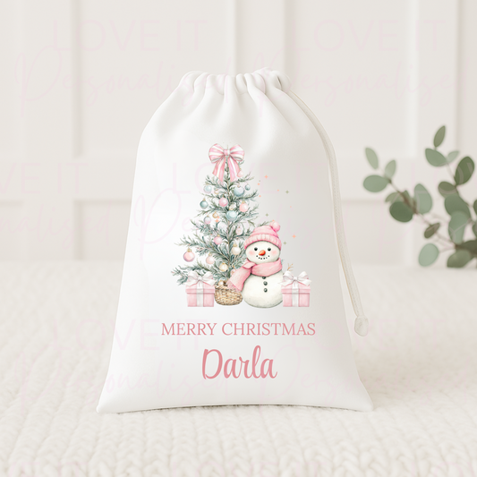 Personalised Christmas Eve Bag - Pink/Blue Snowman Design