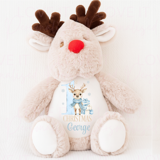 Personalised Christmas Reindeer Teddy - Pink/Blue 1st Christmas Reindeer Design