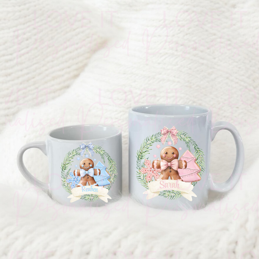 Christmas Mug - Pink/Blue Gingerbread Design 6oz/11oz