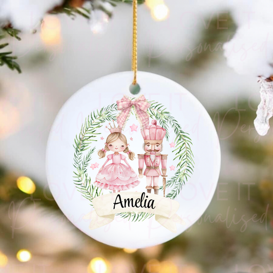 Personalised Ceramic Christmas Ornament - Pink/Blue Nutcracker Design