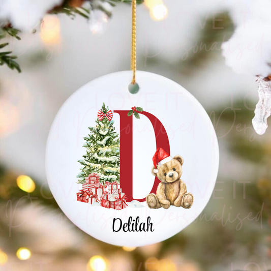 Personalised Ceramic Christmas Ornament - Red Bear Initial Design
