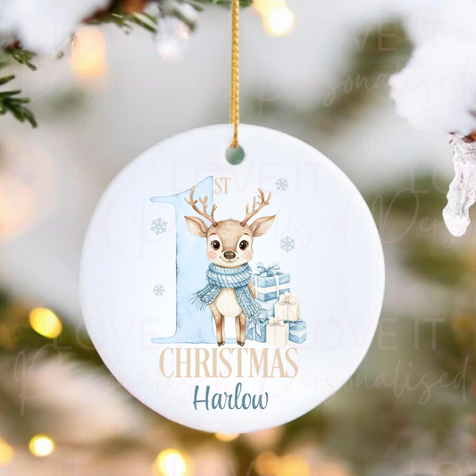 Personalised Ceramic Christmas Ornament - Pink Or Blue 1st Christmas Reindeer Design