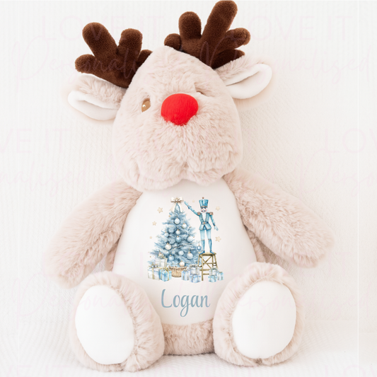 Personalised Christmas Reindeer Teddy - Blue Nutcracker Design