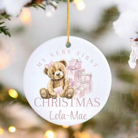Personalised Ceramic Christmas Ornament - Pink Or Blue 1st Christmas Bear Design