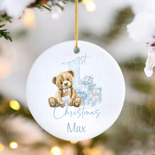 Personalised Ceramic Christmas Ornament - Pink Or Blue 1st Christmas Bear Design
