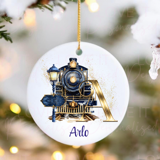Personalised Ceramic Christmas Ornament - Pink Or Blue Train Initial Tree Christmas Design